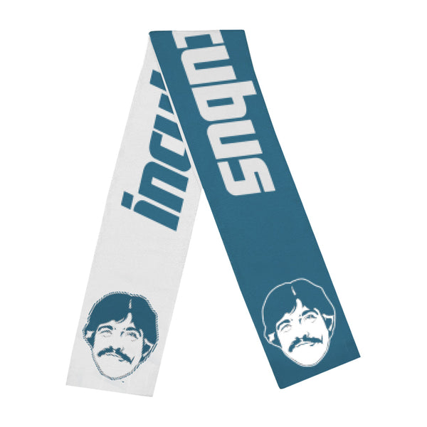 Stylized portraits on Chuck Knit Scarf with Beatles text in white and teal design