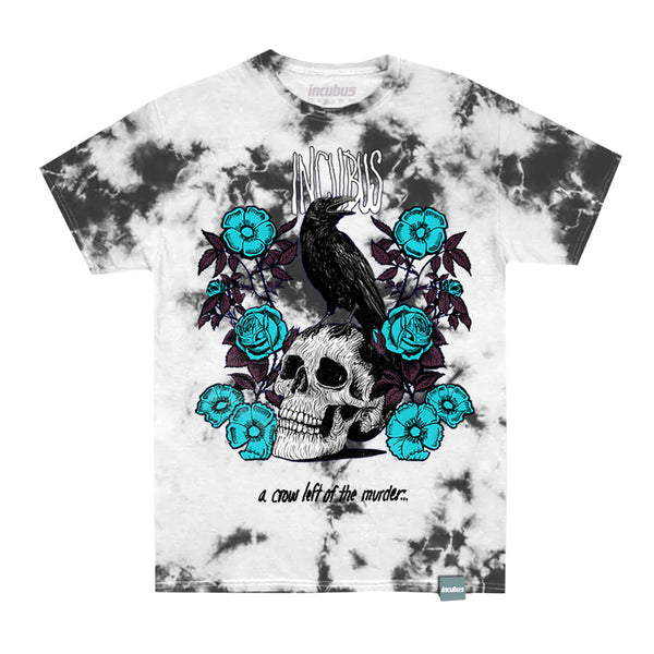 Tie dye t-shirt with skull, raven, and teal flowers design for Crow Left of Murder Tee