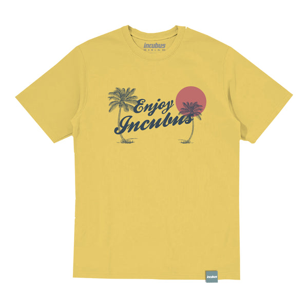 Yellow tee featuring Enjoy Incubus text, palm tree, and sunset graphic design