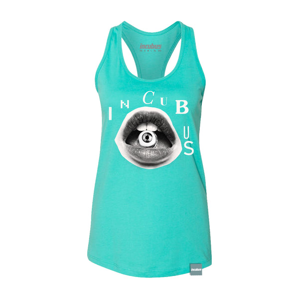 Teal airlume combed ringspun cotton eyes women’s tank featuring INCIBUS text and eye graphic
