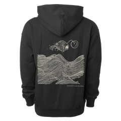 Black hoodie with a wave and fish graphic, perfect for Monuments & Melodies fans