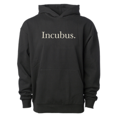 Black hoodie featuring Incubus in white text, perfect for music lovers and fans of melodies black