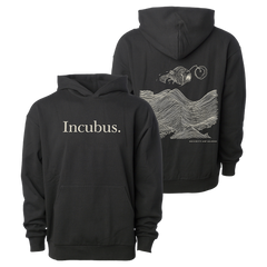 Black hoodie with Incubus text and abstract design, perfect for music lovers