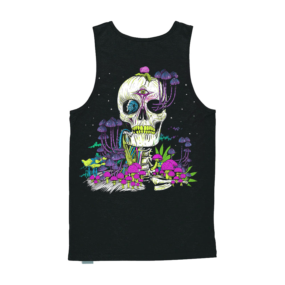Black tank top featuring a vibrant Magic Mushroom Skull design on the front