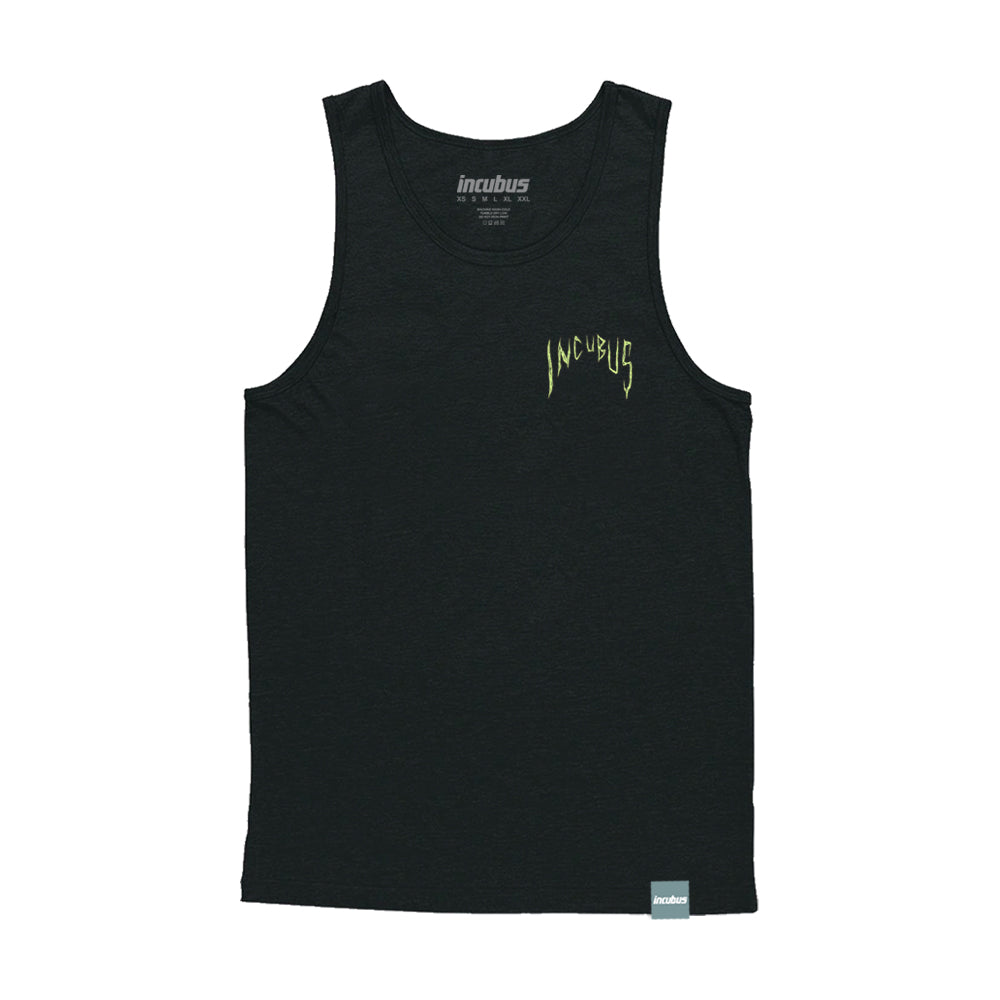 Black tank top featuring a small green logo, perfect for the Magic Mushroom Skull Tank